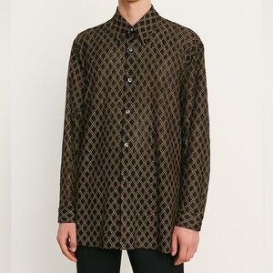 Creme De Silk Button Down Shirt Sheer Woven Lace Long Sleeve Gold Large Vintage